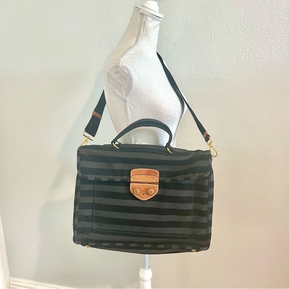 Striped Vintage Black Grey and Brown Satchel Laptop Bag - Picture 1 of 8